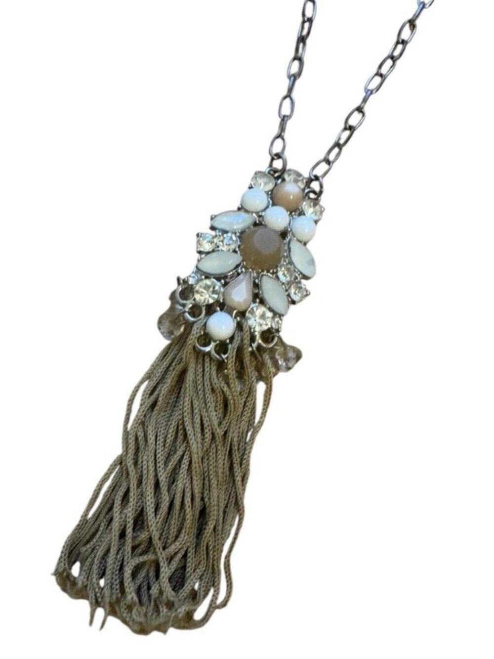 🤎NY&CO Silver & Brown Gem Fringe Tassel Long Boho Pendant Necklace